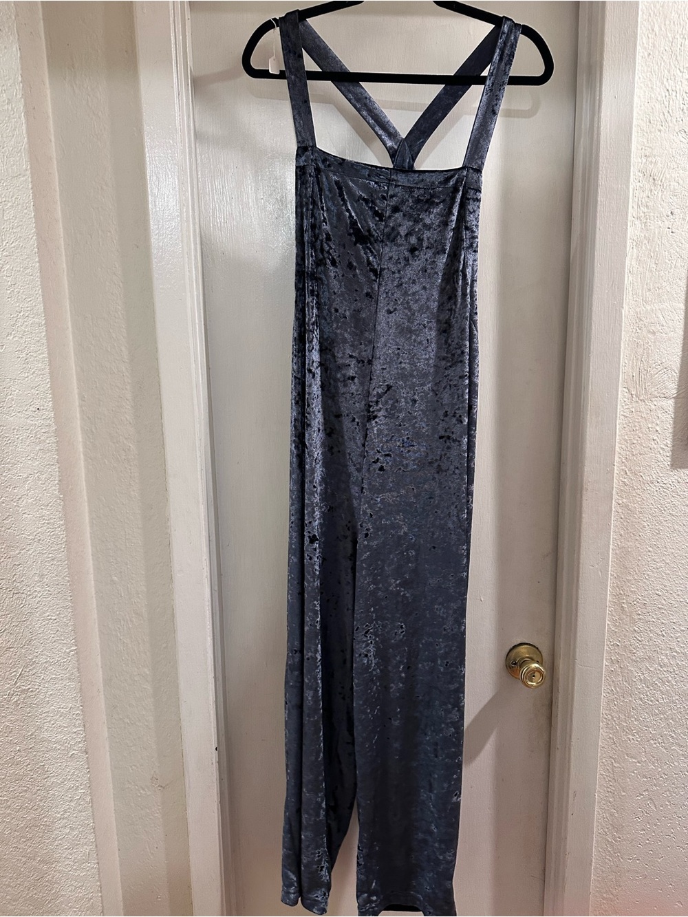 Crushed Velvet Blue Jumpsuit with Crossback Straps